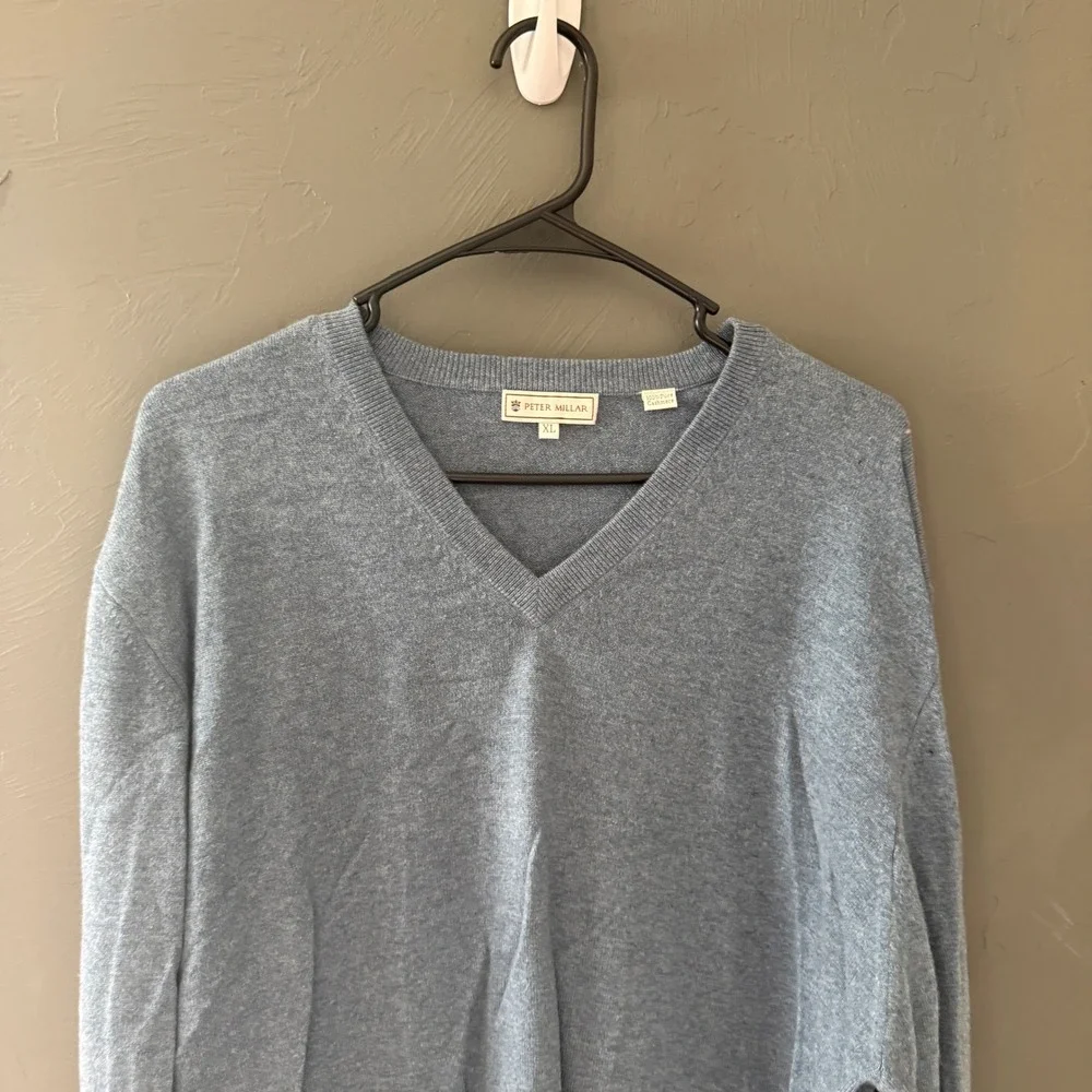 Peter Millar Mens XL V-Neck Sweater 100% Pure Cashmere Heather Blue Long Sleeve‎